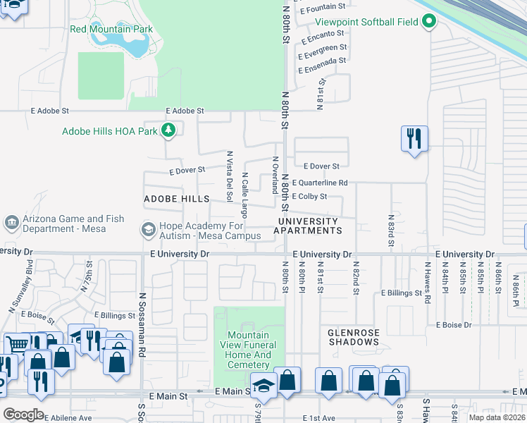 map of restaurants, bars, coffee shops, grocery stores, and more near 7935 East Covina Street in Mesa