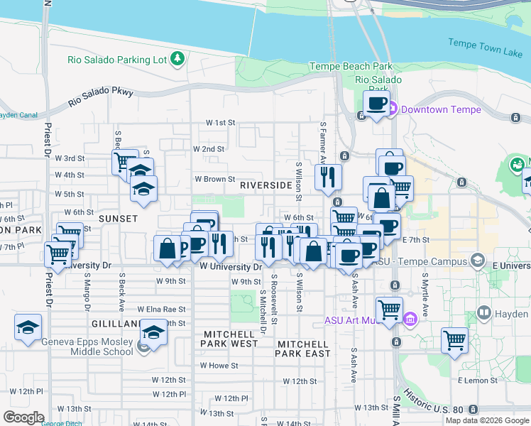 map of restaurants, bars, coffee shops, grocery stores, and more near 520 South Roosevelt Street in Tempe