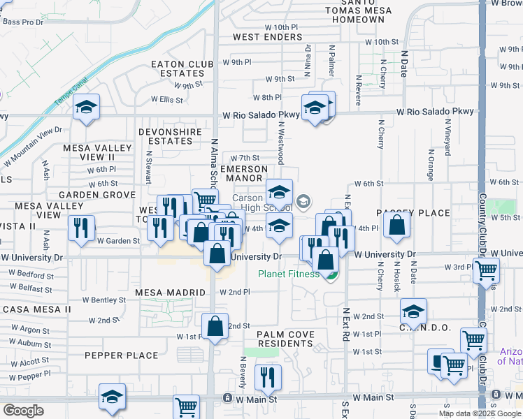 map of restaurants, bars, coffee shops, grocery stores, and more near 1036 W 5th St in Mesa