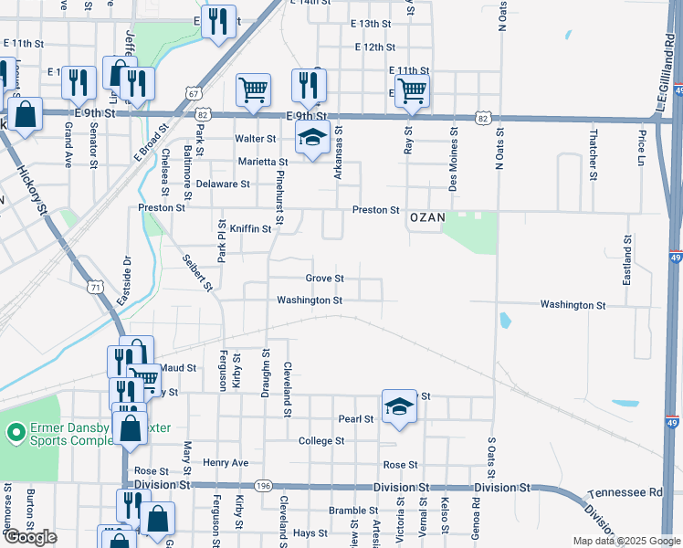 map of restaurants, bars, coffee shops, grocery stores, and more near 2203 Grove Street in Texarkana