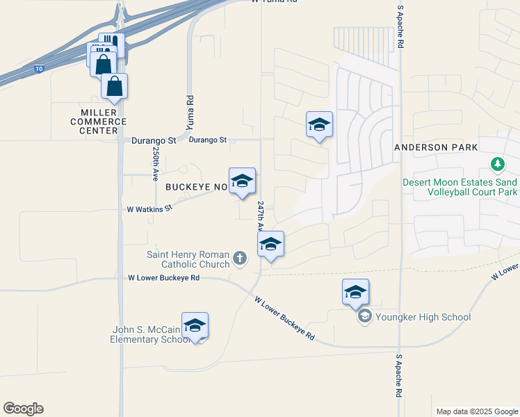 map of restaurants, bars, coffee shops, grocery stores, and more near 2401 South 247th Avenue in Buckeye