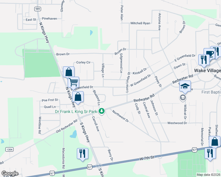 map of restaurants, bars, coffee shops, grocery stores, and more near 300 West Greenfield Drive in Wake Village