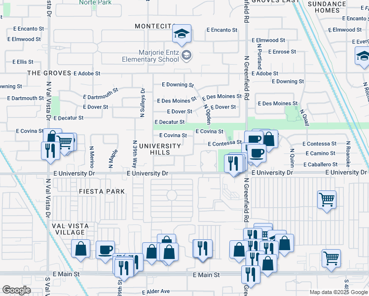 map of restaurants, bars, coffee shops, grocery stores, and more near 4159 East Contessa Street in Mesa