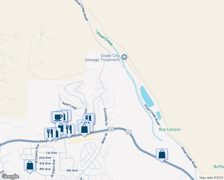 map of restaurants, bars, coffee shops, grocery stores, and more near 2426 North Agazziz Terrace in Globe