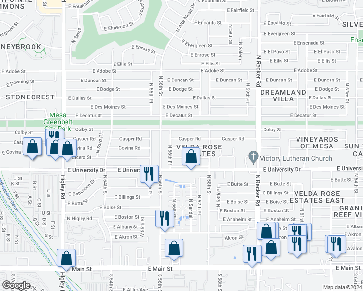 map of restaurants, bars, coffee shops, grocery stores, and more near 5650 East Covina Street in Mesa