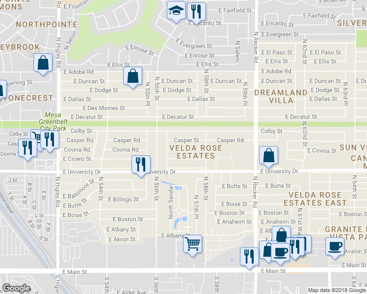 map of restaurants, bars, coffee shops, grocery stores, and more near 5702 East Covina Street in Mesa