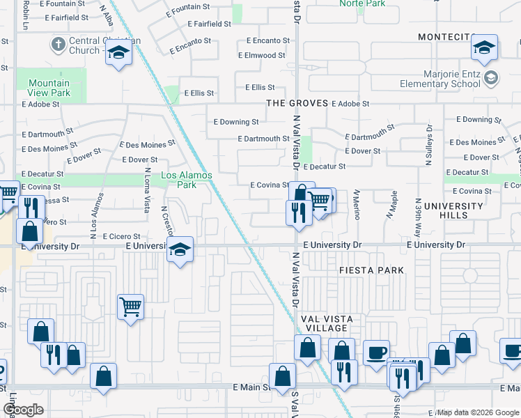 map of restaurants, bars, coffee shops, grocery stores, and more near 3464 East Camino Street in Mesa