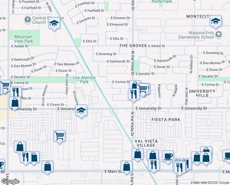 map of restaurants, bars, coffee shops, grocery stores, and more near 3464 East Camino Street in Mesa