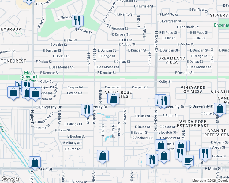 map of restaurants, bars, coffee shops, grocery stores, and more near 5702 East Covina Street in Mesa