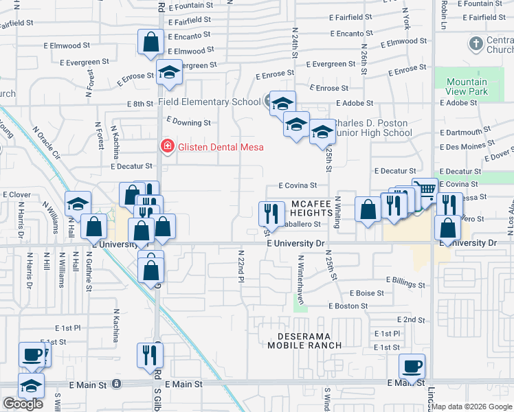 map of restaurants, bars, coffee shops, grocery stores, and more near 502 North 23rd Street in Mesa