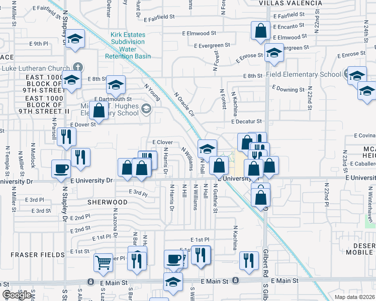 map of restaurants, bars, coffee shops, grocery stores, and more near 507 North Williams in Mesa