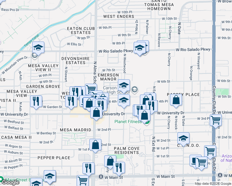 map of restaurants, bars, coffee shops, grocery stores, and more near 1036 West 5th Street in Mesa