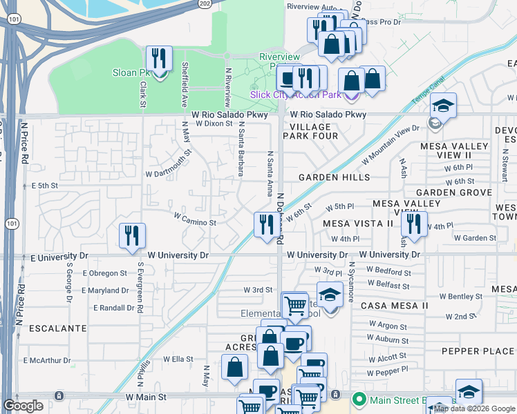 map of restaurants, bars, coffee shops, grocery stores, and more near 508 North Santa Anna in Mesa