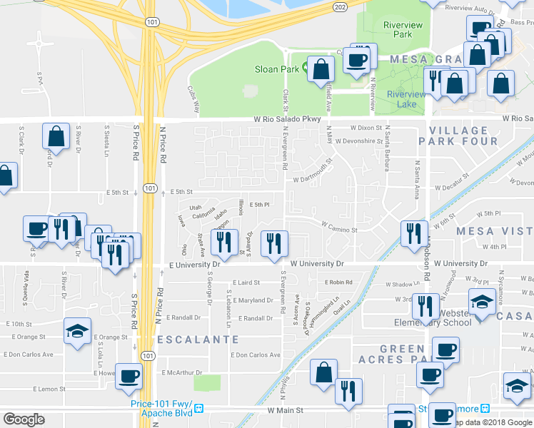 map of restaurants, bars, coffee shops, grocery stores, and more near 538 South Evergreen Road in Tempe