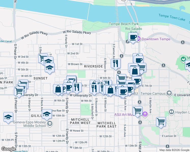 map of restaurants, bars, coffee shops, grocery stores, and more near 601 West 5th Street in Tempe