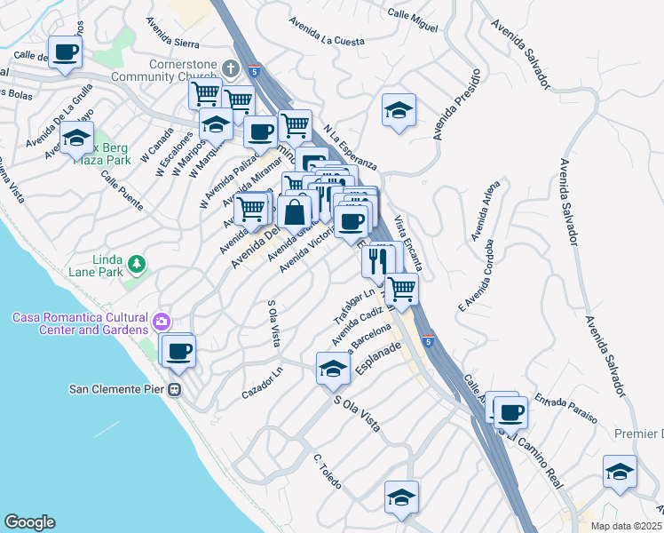 map of restaurants, bars, coffee shops, grocery stores, and more near 203 Avenida Monterey in San Clemente