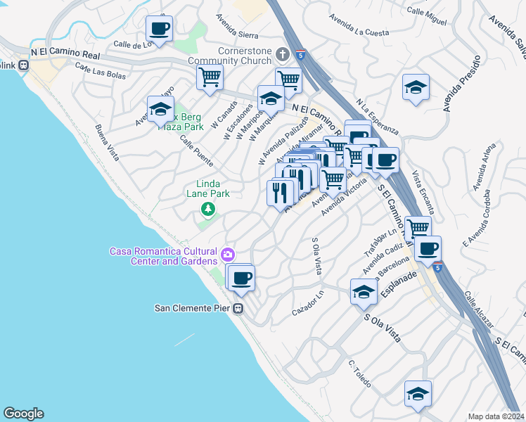 map of restaurants, bars, coffee shops, grocery stores, and more near 100 South Calle Seville in San Clemente