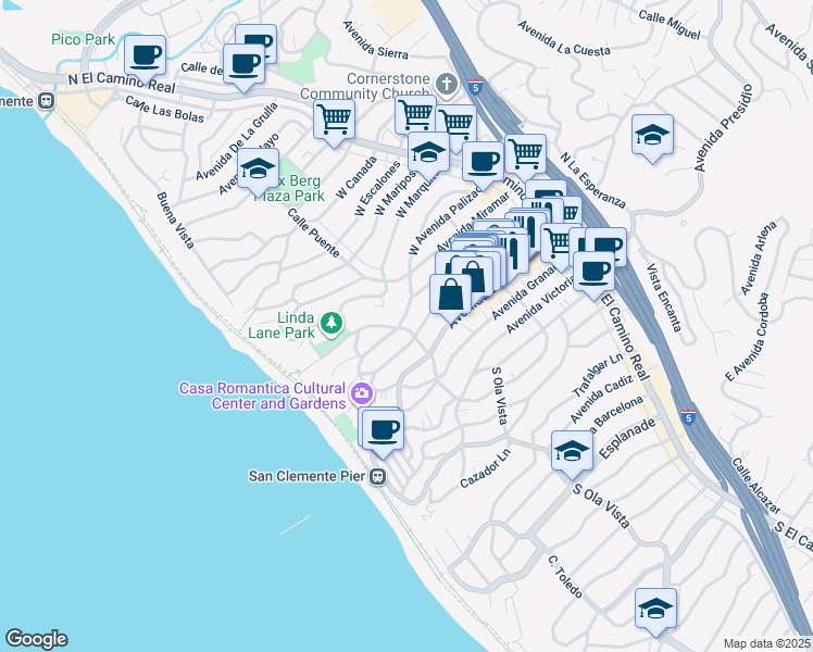 map of restaurants, bars, coffee shops, grocery stores, and more near 100 South Calle Seville in San Clemente