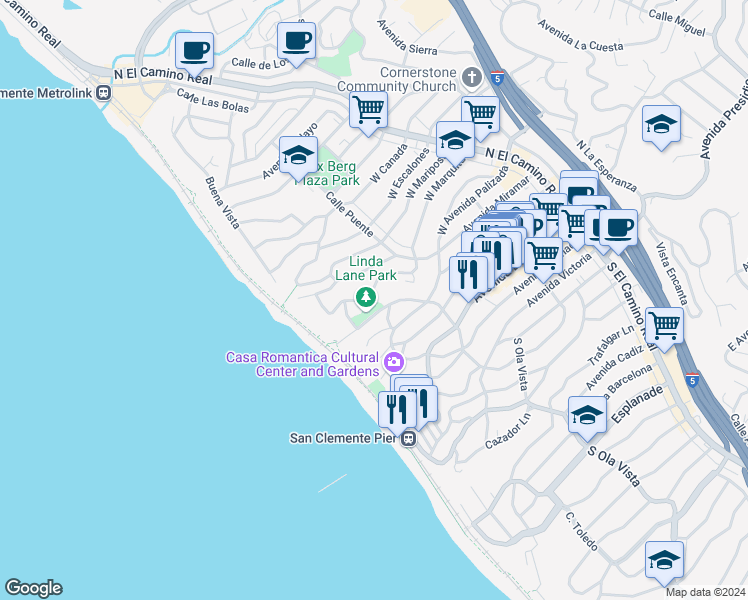 map of restaurants, bars, coffee shops, grocery stores, and more near 320 Encino Lane in San Clemente