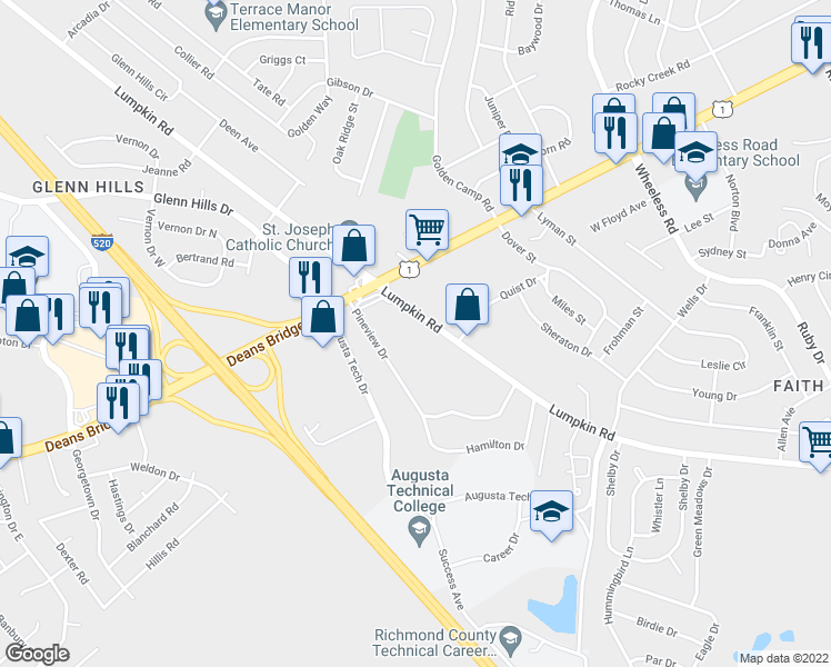 map of restaurants, bars, coffee shops, grocery stores, and more near 2564 Lumpkin Road in Augusta