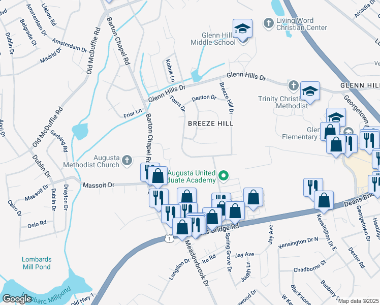 map of restaurants, bars, coffee shops, grocery stores, and more near 3436 Toms Drive in Augusta