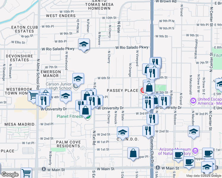 map of restaurants, bars, coffee shops, grocery stores, and more near 525 North Cherry in Mesa