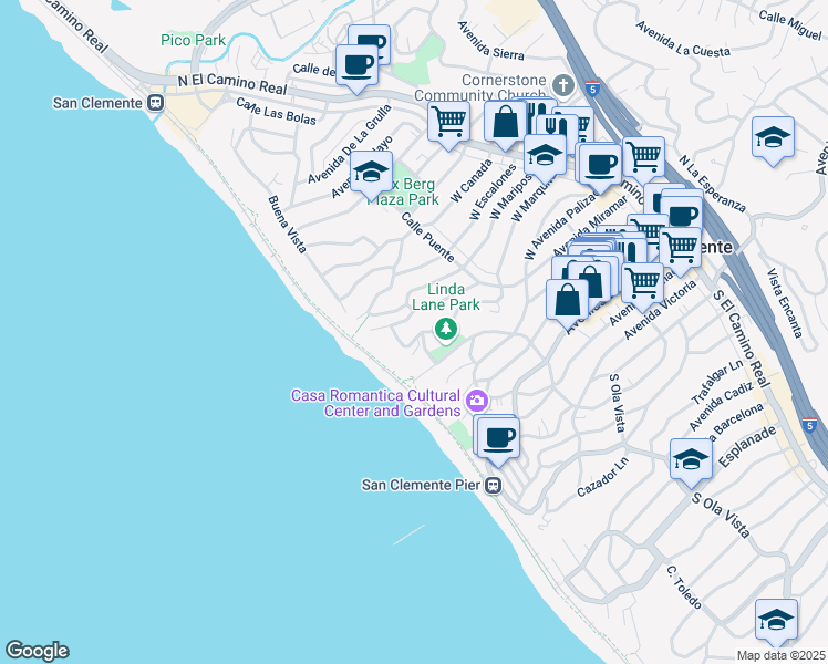 map of restaurants, bars, coffee shops, grocery stores, and more near 250 West Marquita in San Clemente