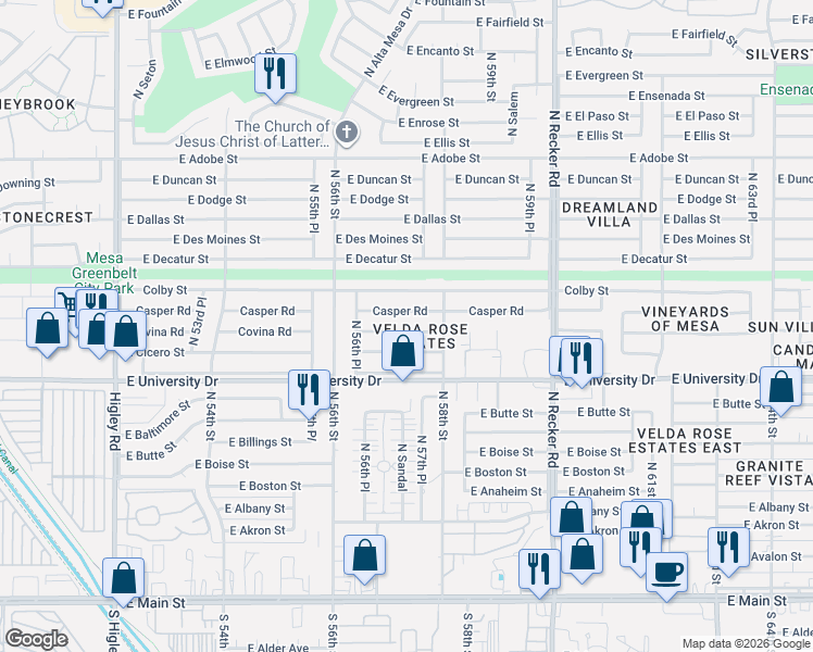 map of restaurants, bars, coffee shops, grocery stores, and more near 5702 East Covina Street in Mesa