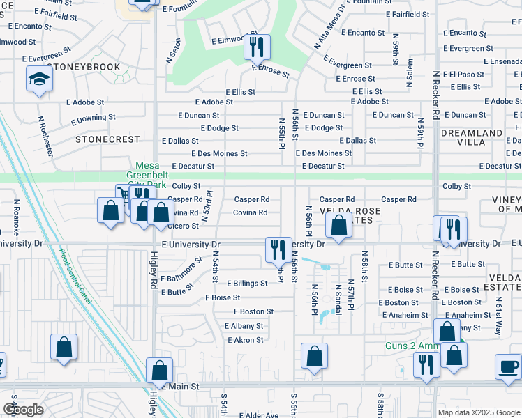 map of restaurants, bars, coffee shops, grocery stores, and more near 5502 Covina Road in Mesa