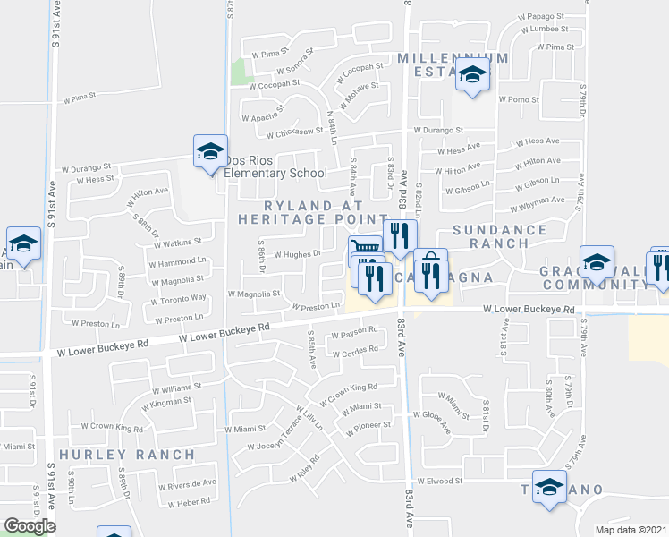 map of restaurants, bars, coffee shops, grocery stores, and more near 8413 West Flavia Haven in Tolleson