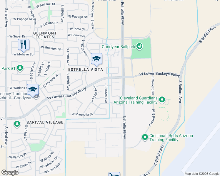 map of restaurants, bars, coffee shops, grocery stores, and more near 2602 South 156th Avenue in Goodyear