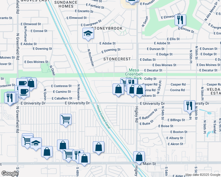 map of restaurants, bars, coffee shops, grocery stores, and more near 5017 Casper Road in Mesa