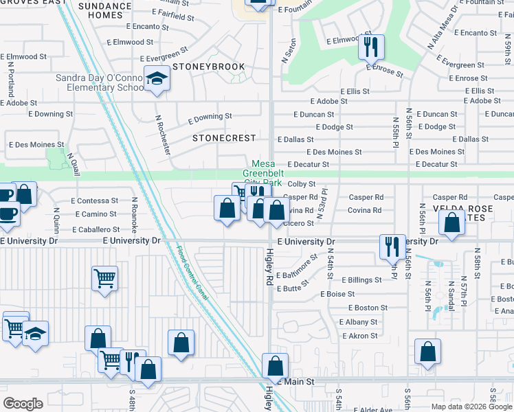 map of restaurants, bars, coffee shops, grocery stores, and more near 5149 Casper Road in Mesa