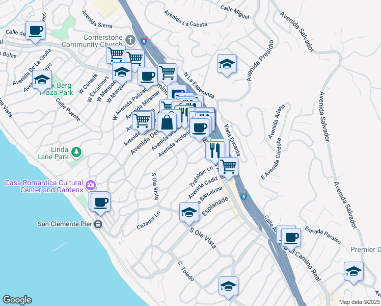 map of restaurants, bars, coffee shops, grocery stores, and more near 136 Avenida Mateo in San Clemente