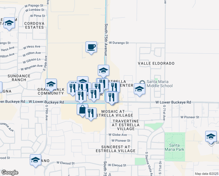 map of restaurants, bars, coffee shops, grocery stores, and more near 2625 South 75th Avenue in Phoenix