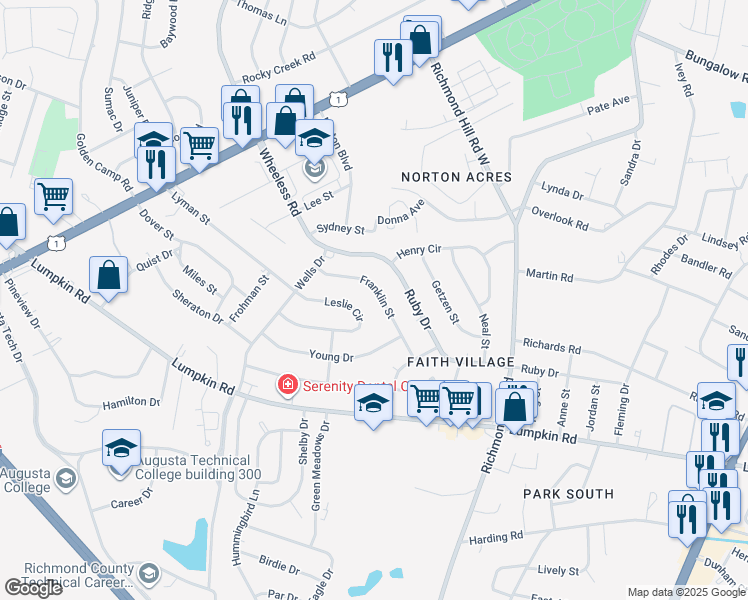 map of restaurants, bars, coffee shops, grocery stores, and more near 2368 Franklin Street in Augusta