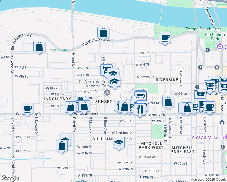 map of restaurants, bars, coffee shops, grocery stores, and more near 1115 West 5th Street in Tempe