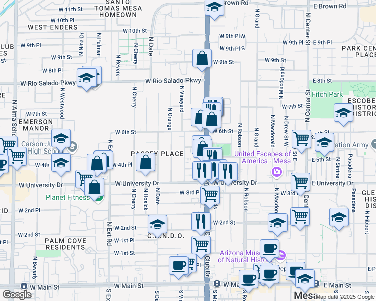 map of restaurants, bars, coffee shops, grocery stores, and more near 455 W 5th Pl in Mesa