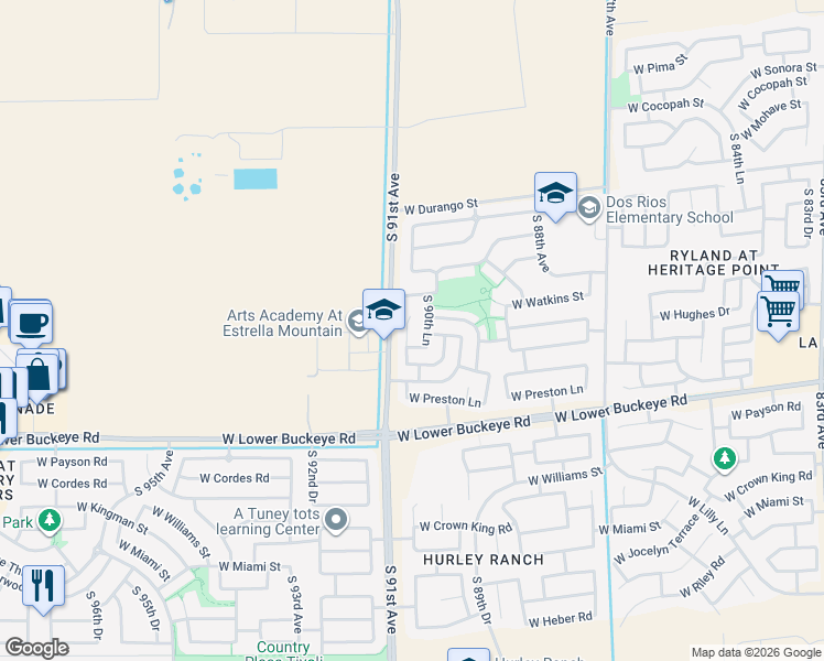 map of restaurants, bars, coffee shops, grocery stores, and more near 2421 South 90th Glen in Tolleson