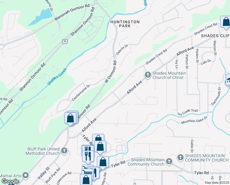 map of restaurants, bars, coffee shops, grocery stores, and more near 901 Shades Crest Road in Birmingham