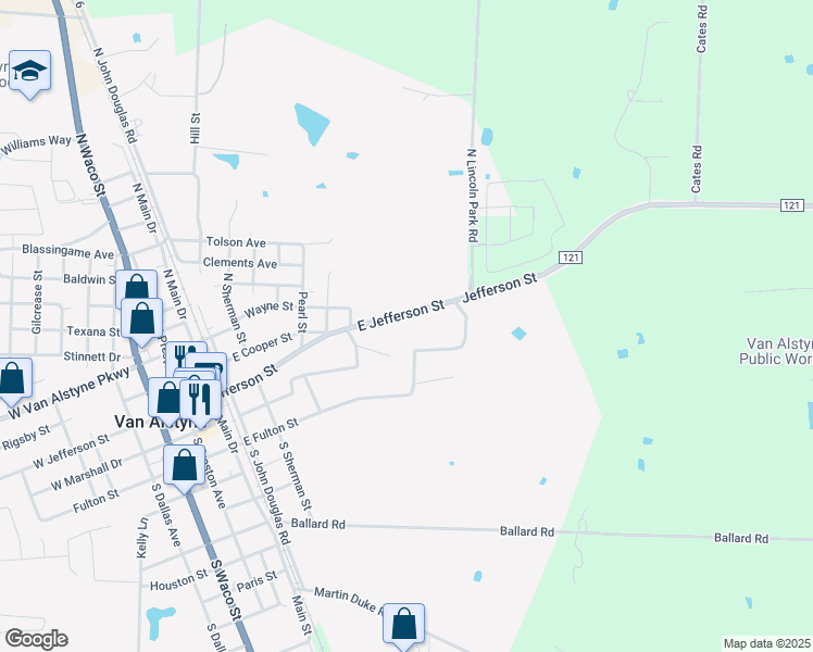 map of restaurants, bars, coffee shops, grocery stores, and more near 408 E Jefferson St in Van Alstyne