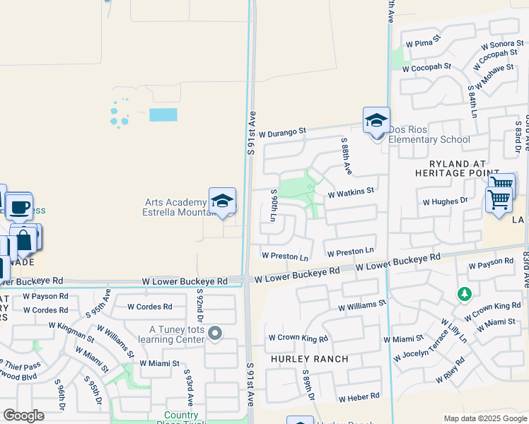 map of restaurants, bars, coffee shops, grocery stores, and more near 2502 South 90th Lane in Tolleson