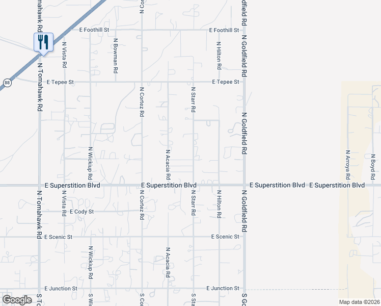 map of restaurants, bars, coffee shops, grocery stores, and more near 1050 North Starr Road in Apache Junction