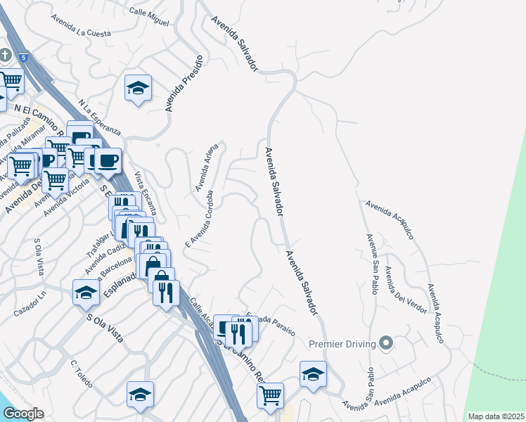 map of restaurants, bars, coffee shops, grocery stores, and more near 1215 Avenida Buena Suerte in San Clemente
