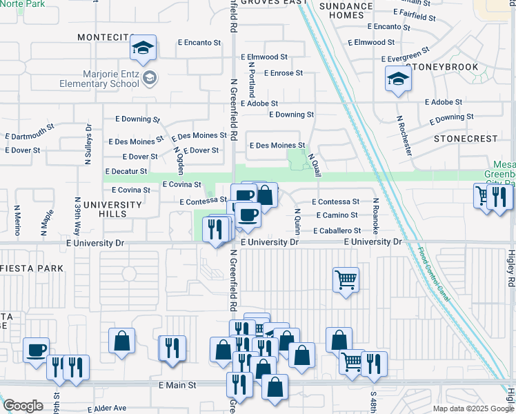 map of restaurants, bars, coffee shops, grocery stores, and more near 4435 East Contessa Street in Mesa