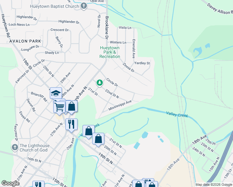 map of restaurants, bars, coffee shops, grocery stores, and more near 2441 22nd Street North in Hueytown