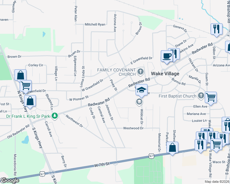 map of restaurants, bars, coffee shops, grocery stores, and more near 329 Redwater Road in Wake Village