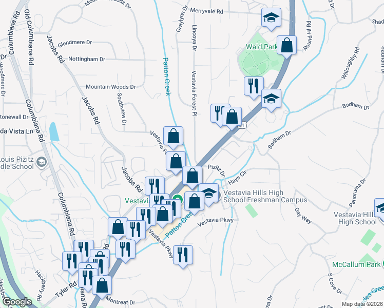map of restaurants, bars, coffee shops, grocery stores, and more near 2841 Vestavia Forest Place in Vestavia Hills