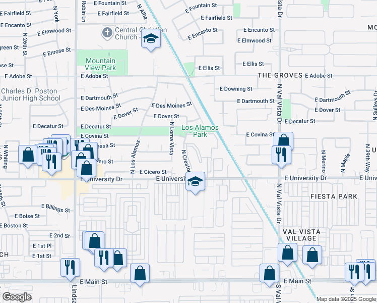 map of restaurants, bars, coffee shops, grocery stores, and more near 423 North Creston in Mesa