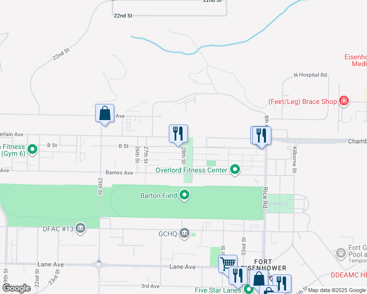 map of restaurants, bars, coffee shops, grocery stores, and more near 29th Street in Augusta